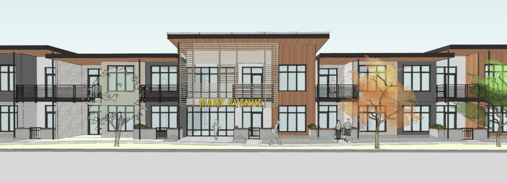A digital rendering of a two-story apartment building with a sign that reads Mary Avenue